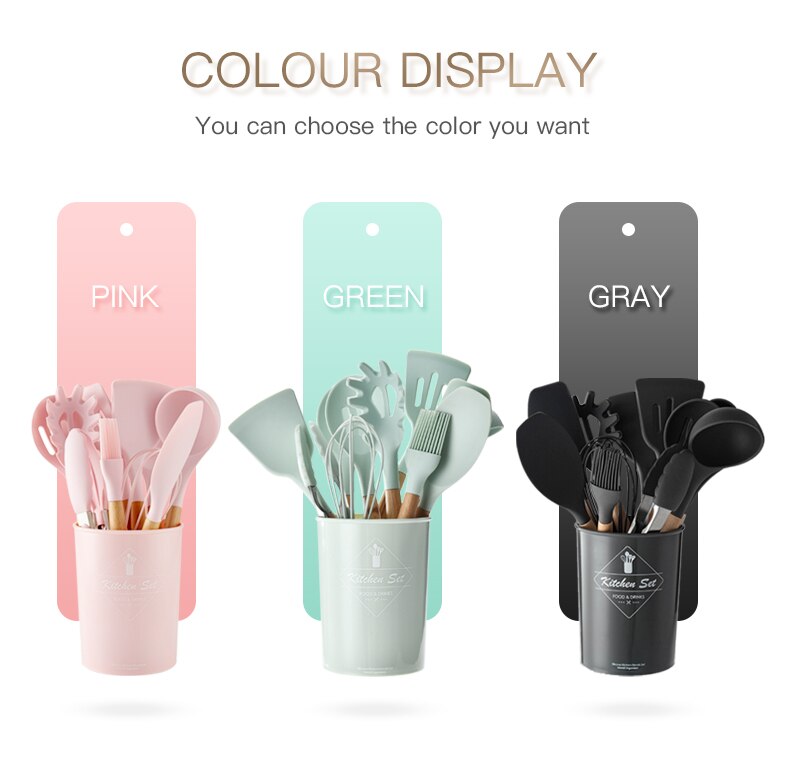 Heat resistant cooking tools in 3 colors pink green gray