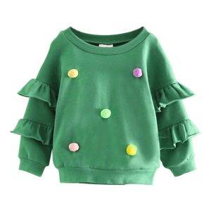 Girls Sweatshirt with Colorful Pom Poms girls sweatshirt with colorful pom pom trim
