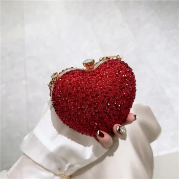 Luxury heart shaped clutch purse crystal rhinestone burgundy evening bag