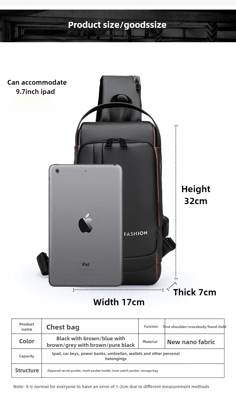 Men's Shoulder Sling Bag with USB Charging Port — Anti-Theft Travel Chest Bag