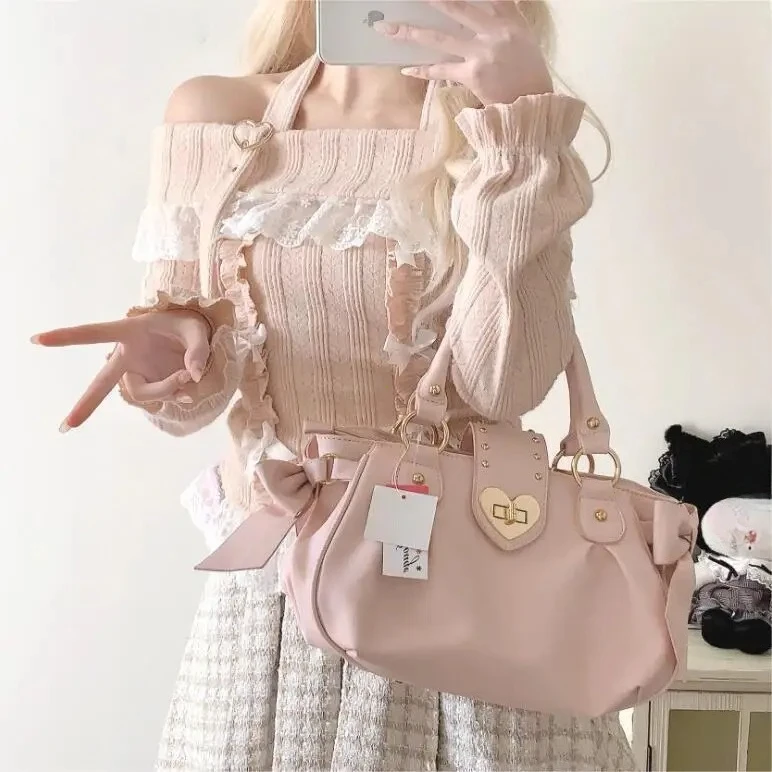 Pink crossbody bag women, side view showing bow strap