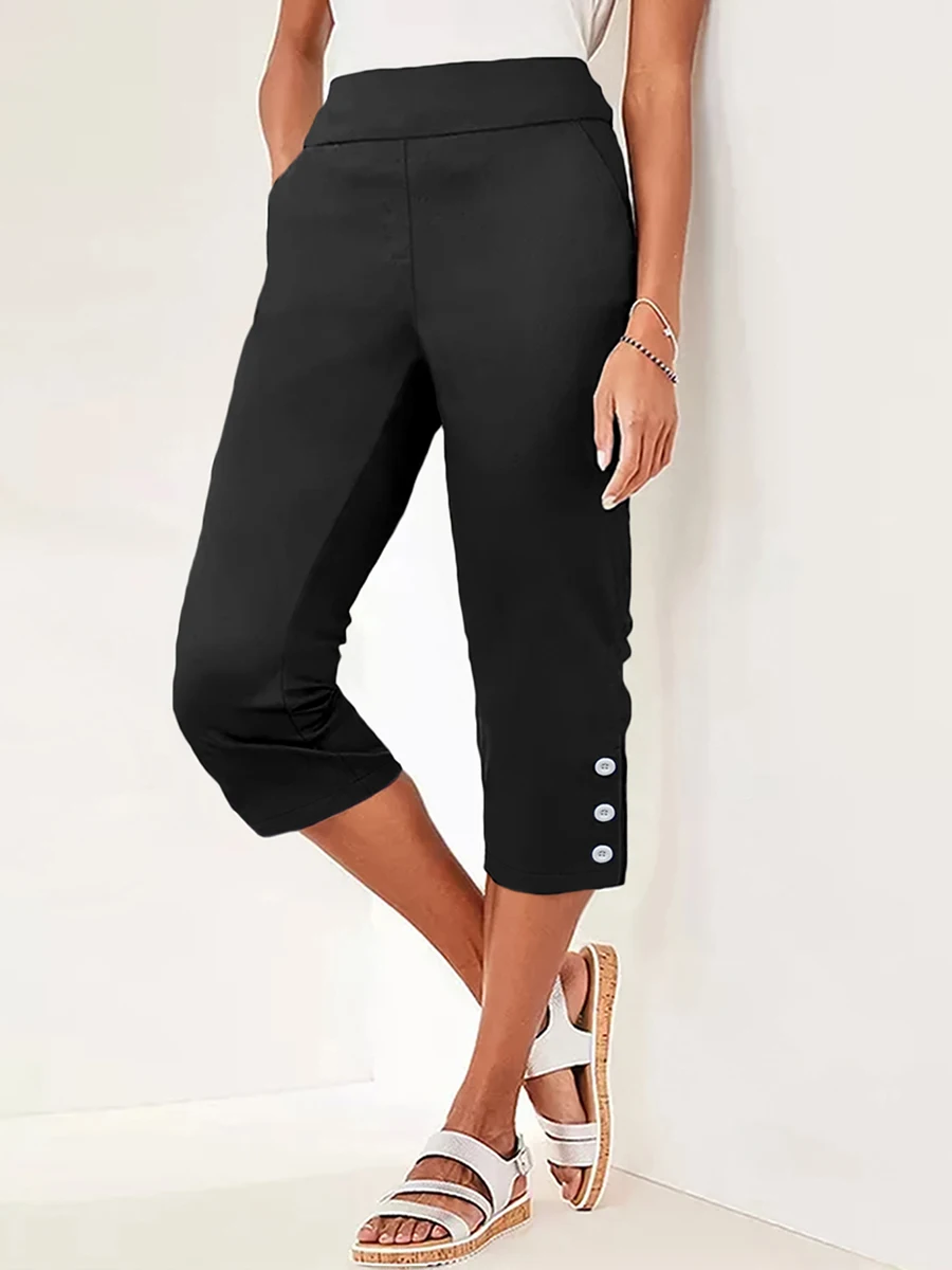 Women’s High Waisted Capri Trousers Summer Stretch Cropped Pants with Pocket and Button Details Navy Blue Casual Comfort Women's High Waisted Capri Trousers Summer Stretch Cropped Pants with Pocket and Button Details Navy Blue Casual Comfort