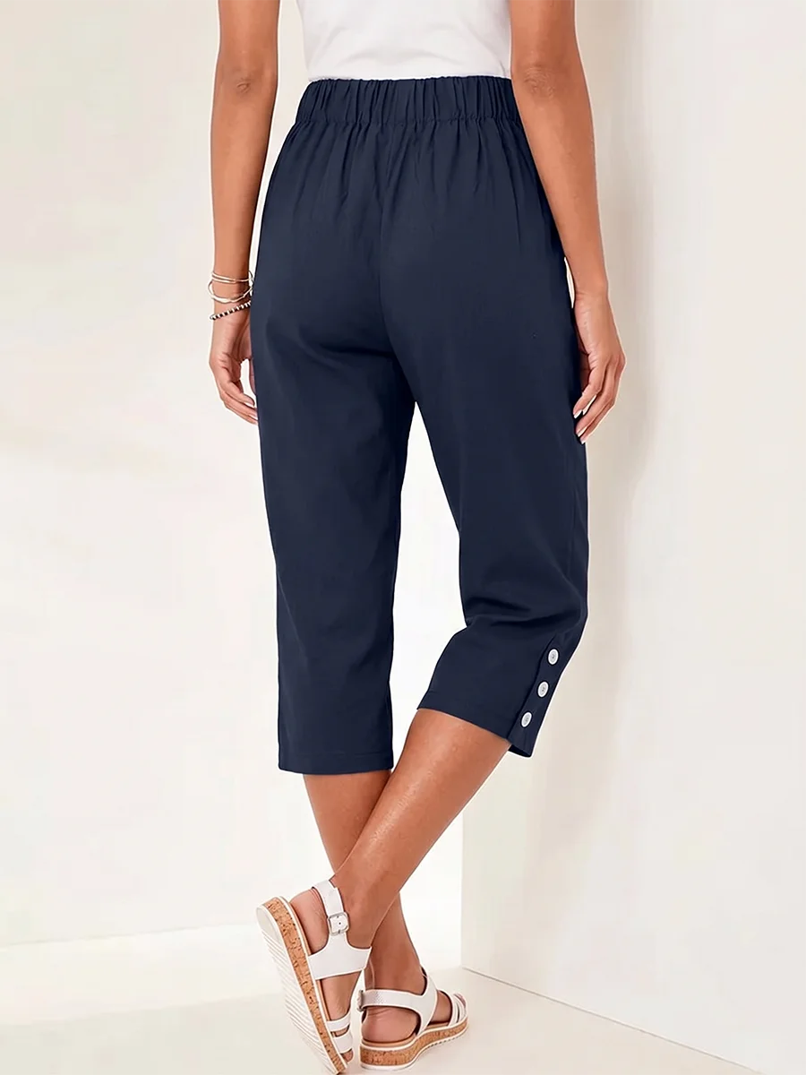 Women’s High Waisted Capri Trousers Summer Stretch Cropped Pants with Pocket and Button Details Navy Blue Casual Comfort Women's High Waisted Capri Trousers Summer Stretch Cropped Pants with Pocket and Button Details Navy Blue Casual Comfort