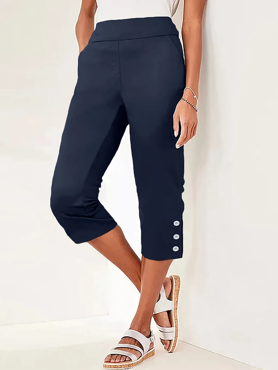Women’s High Waisted Capri Trousers Summer Stretch Cropped Pants with Pocket and Button Details Navy Blue Casual Comfort Women's High Waisted Capri Trousers Summer Stretch Cropped Pants with Pocket and Button Details Navy Blue Casual Comfort