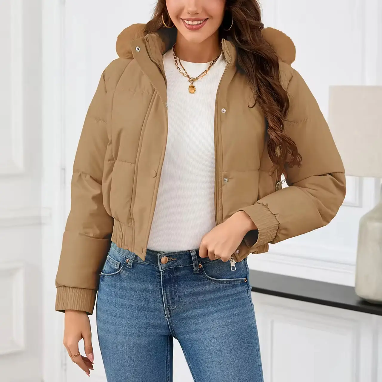 New Winter Warm Hooded Down Cotton Jacket Women Thickened Fleece Lining Big Fur Collar Long Sleeve Short Parkas Jacket Coat New Winter Warm Hooded Down Cotton Jacket Women Thickened Fleece Lining Big Fur Collar Long Sleeve Short Parkas Jacket Coat
