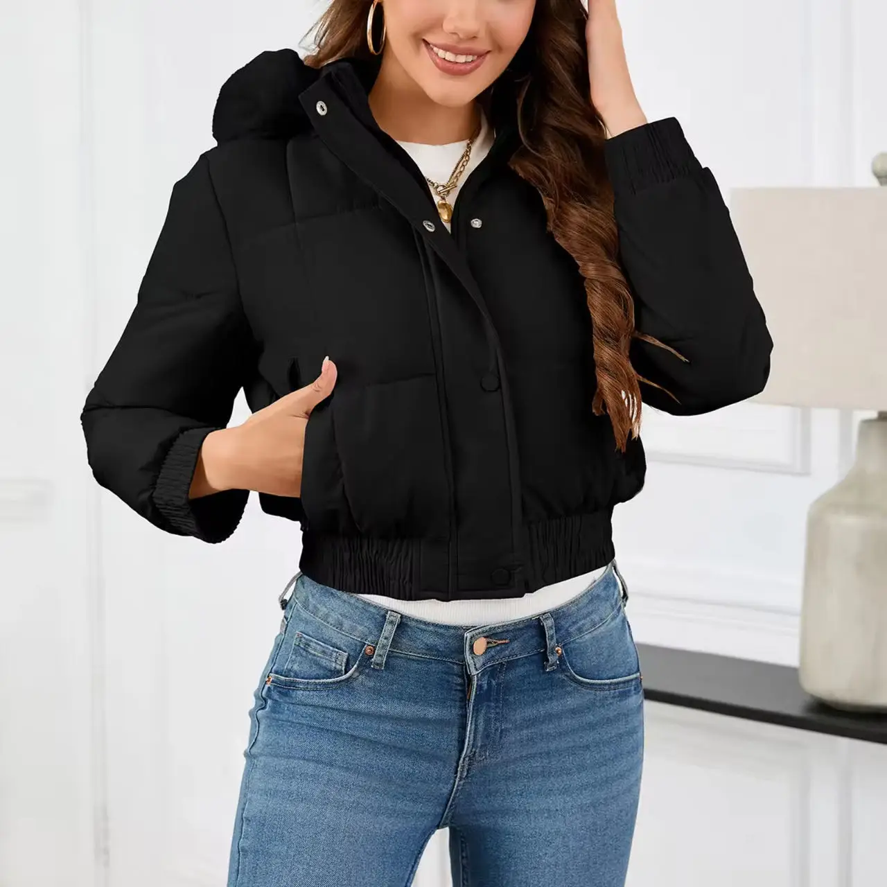 New Winter Warm Hooded Down Cotton Jacket Women Thickened Fleece Lining Big Fur Collar Long Sleeve Short Parkas Jacket Coat New Winter Warm Hooded Down Cotton Jacket Women Thickened Fleece Lining Big Fur Collar Long Sleeve Short Parkas Jacket Coat