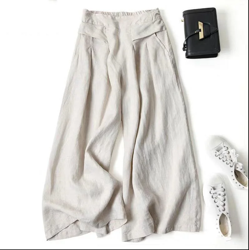 Summer Women’s Culottes Cotton Linen Cropped Wide Leg Pants Elastic Waist Casual Palazzo Trousers with Pockets Summer Women's Culottes Cotton Linen Cropped Wide Leg Pants Elastic Waist Casual Palazzo Trousers with Pockets