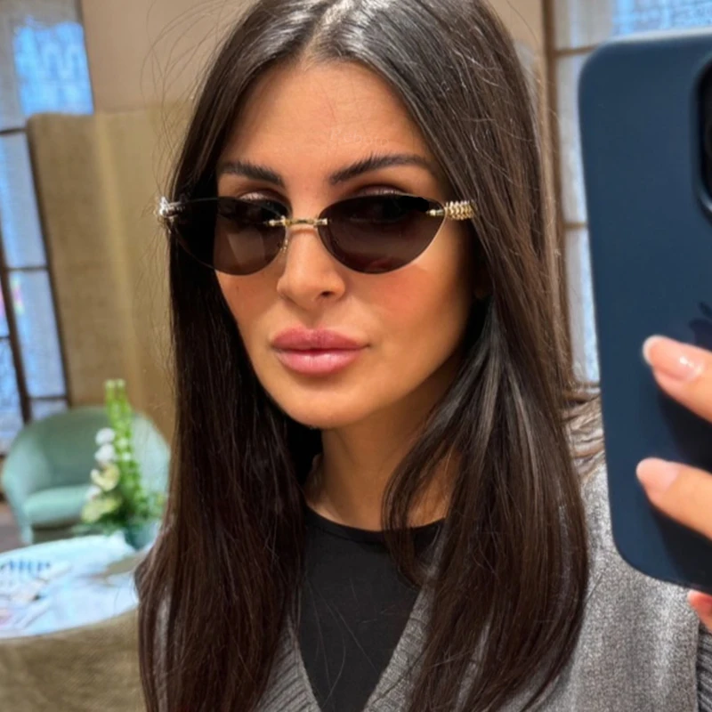 Cat Eye Rivet Rimless Sunglasses Women Luxury 2025 Fashion Brand Oval Narrow Sun Glasses Shades Trendy Elegant Unique Eyewear Cat Eye Rivet Rimless Sunglasses Women Luxury 2025 Fashion Brand Oval Narrow Sun Glasses Shades Trendy Elegant Unique Eyewear