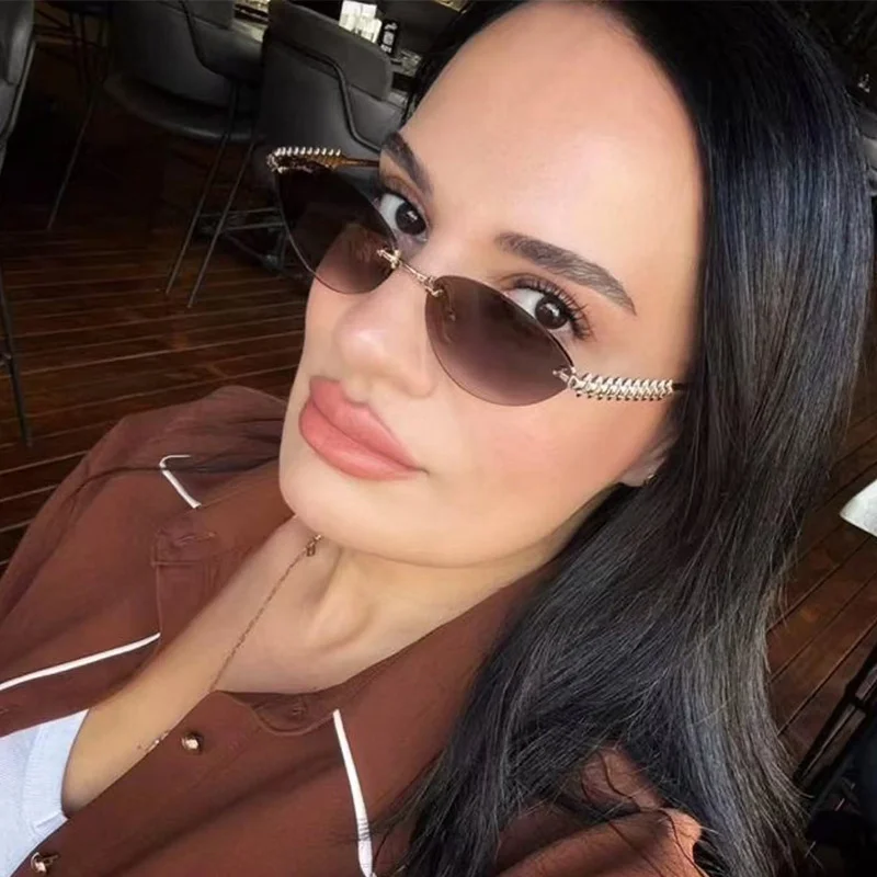 Cat Eye Rivet Rimless Sunglasses Women Luxury 2025 Fashion Brand Oval Narrow Sun Glasses Shades Trendy Elegant Unique Eyewear Cat Eye Rivet Rimless Sunglasses Women Luxury 2025 Fashion Brand Oval Narrow Sun Glasses Shades Trendy Elegant Unique Eyewear