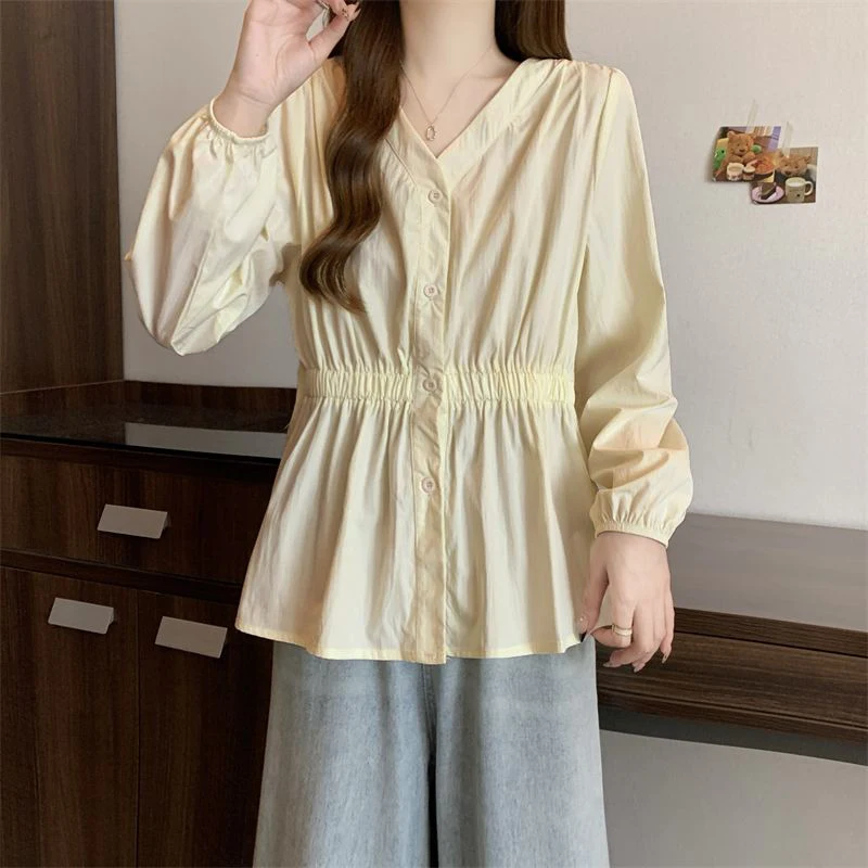 200 Pounds Plus Size Elastic Waist Office Lady Trend Shirt And Blouse Solid Color Top Women Clothing V-neck French Chic Basics 200 Pounds Plus Size Elastic Waist Office Lady Trend Shirt And Blouse Solid Color Top Women Clothing V-neck French Chic Basics