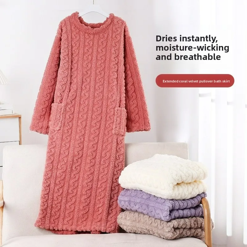 Jacquard Nightgown Coral Fleece Robe for Women, Loose and Warm Homewear, Fleece-Lined and Thickened, Mid-Length Flannel Pajamas Jacquard Nightgown Coral Fleece Robe for Women, Loose and Warm Homewear, Fleece-Lined and Thickened, Mid-Length Flannel Pajamas