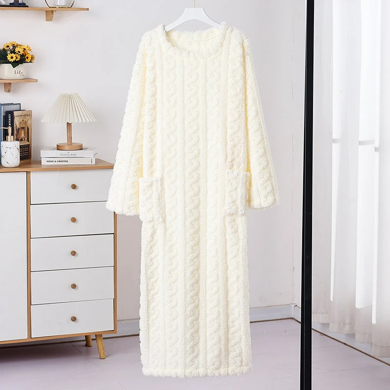Jacquard Nightgown Coral Fleece Robe for Women, Loose and Warm Homewear, Fleece-Lined and Thickened, Mid-Length Flannel Pajamas Jacquard Nightgown Coral Fleece Robe for Women, Loose and Warm Homewear, Fleece-Lined and Thickened, Mid-Length Flannel Pajamas
