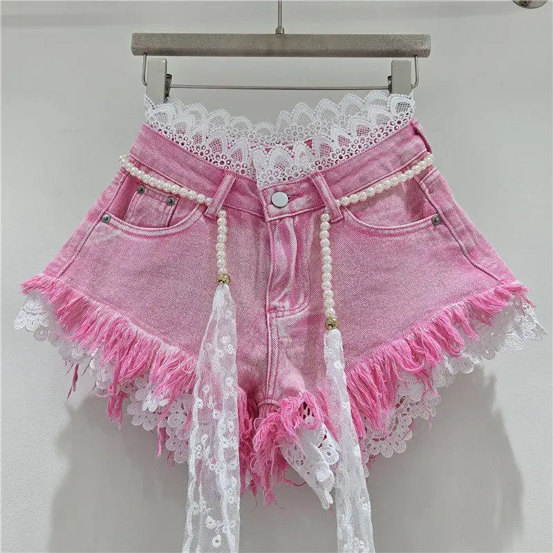 American Crochet Lace Denim Shorts With Pearl Sashes Summer Casual Fashion Women’s Sweet Lace Patchwork Fringed Hot Jeans American Crochet Lace Denim Shorts With Pearl Sashes Summer Casual Fashion Women's Sweet Lace Patchwork Fringed Hot Jeans