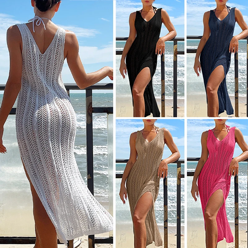 2024 Summer Ladies Vacation Hollow Out Robe Women Chic Solid Knitted Maxi Dress Fashion Sleeveless Sexy Beach Cover Up Dresses 2024 Summer Ladies Vacation Hollow Out Robe Women Chic Solid Knitted Maxi Dress Fashion Sleeveless Sexy Beach Cover Up Dresses KDBazar