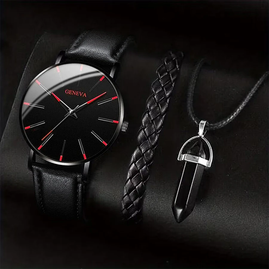 3PCS/Set Men Business Watches Casual Leather Band Analog Male’s Quartz Watch Necklace Bracelet Set 3PCS/Set Men Business Watches Casual Leather Band Analog Male's Quartz Watch Necklace Bracelet Set KDBazar