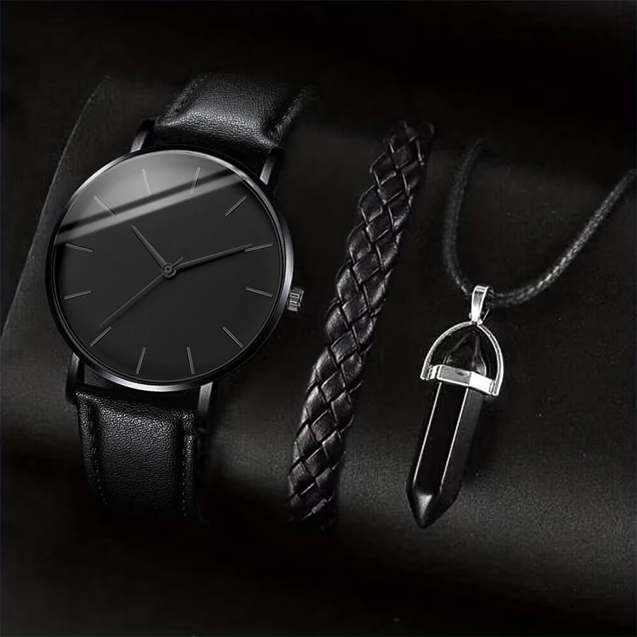 3PCS/Set Men Business Watches Casual Leather Band Analog Male’s Quartz Watch Necklace Bracelet Set 3PCS/Set Men Business Watches Casual Leather Band Analog Male's Quartz Watch Necklace Bracelet Set KDBazar