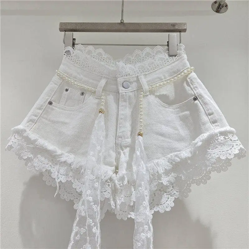 American Crochet Lace Denim Shorts With Pearl Sashes Summer Casual Fashion Women’s Sweet Lace Patchwork Fringed Hot Jeans American Crochet Lace Denim Shorts With Pearl Sashes Summer Casual Fashion Women's Sweet Lace Patchwork Fringed Hot Jeans KDBazar