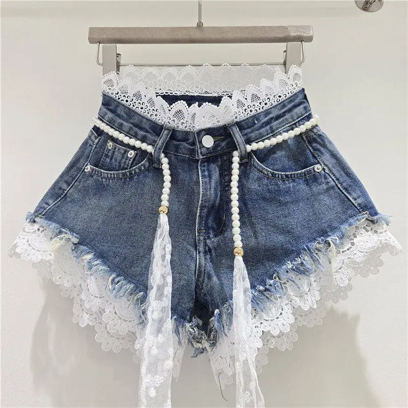 American Crochet Lace Denim Shorts With Pearl Sashes Summer Casual Fashion Women’s Sweet Lace Patchwork Fringed Hot Jeans American Crochet Lace Denim Shorts With Pearl Sashes Summer Casual Fashion Women's Sweet Lace Patchwork Fringed Hot Jeans KDBazar