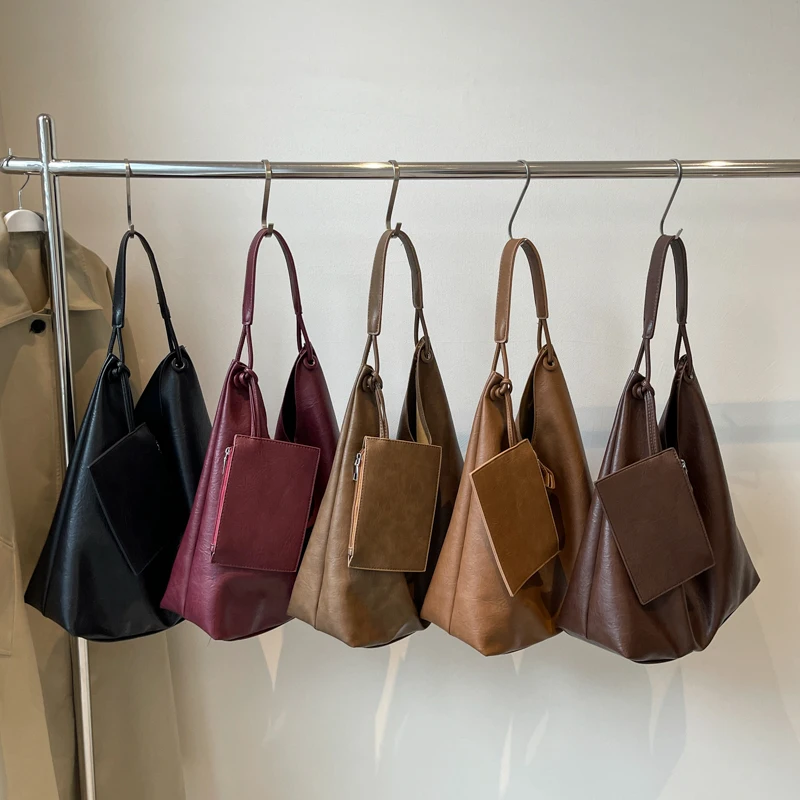 Burgundy 2-IN-1 Shoulder Tote Bags For Women Soft PU Leather Solid Color Large Capacity Shopping Hobo Bag With Coin Purse 2024 Burgundy 2-IN-1 Shoulder Tote Bags For Women Soft PU Leather Solid Color Large Capacity Shopping Hobo Bag With Coin Purse 2024 KDBazar
