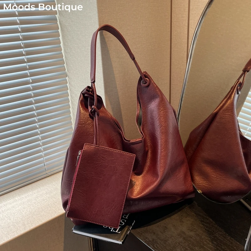 Burgundy 2-IN-1 Shoulder Tote Bags For Women Soft PU Leather Solid Color Large Capacity Shopping Hobo Bag With Coin Purse 2024 Burgundy 2-IN-1 Shoulder Tote Bags For Women Soft PU Leather Solid Color Large Capacity Shopping Hobo Bag With Coin Purse 2024 KDBazar