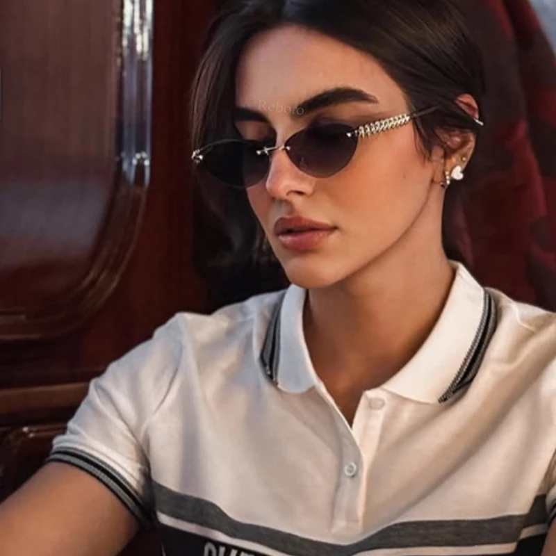 Cat Eye Rivet Rimless Sunglasses Women Luxury 2025 Fashion Brand Oval Narrow Sun Glasses Shades Trendy Elegant Unique Eyewear Cat Eye Rivet Rimless Sunglasses Women Luxury 2025 Fashion Brand Oval Narrow Sun Glasses Shades Trendy Elegant Unique Eyewear KDBazar