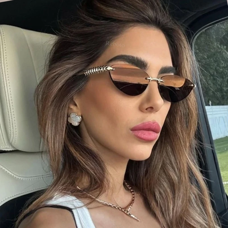 Cat Eye Rivet Rimless Sunglasses Women Luxury 2025 Fashion Brand Oval Narrow Sun Glasses Shades Trendy Elegant Unique Eyewear Cat Eye Rivet Rimless Sunglasses Women Luxury 2025 Fashion Brand Oval Narrow Sun Glasses Shades Trendy Elegant Unique Eyewear KDBazar