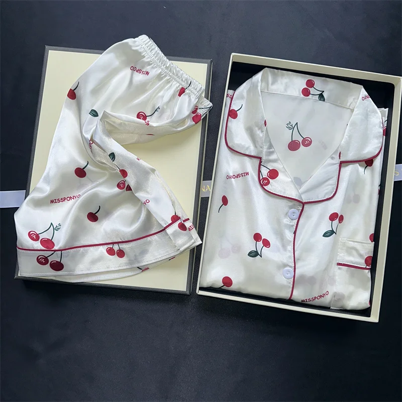 Cherry Print Pajamas Set for Women Summer Satin Two Piece Sleepwear Short Sleeve Shirt and Shorts Casual Fashion Homewear Cherry Print Pajamas Set for Women Summer Satin Two Piece Sleepwear Short Sleeve Shirt and Shorts Casual Fashion Homewear KDBazar