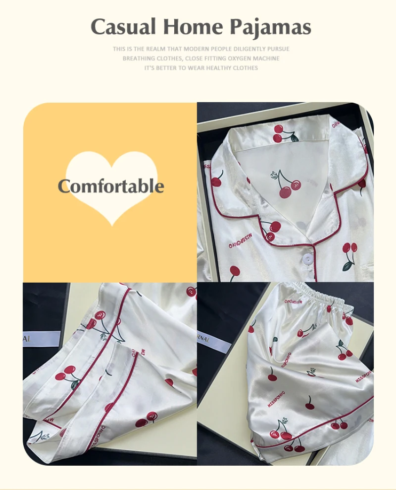 Cherry Print Pajamas Set for Women Summer Satin Two Piece Sleepwear Short Sleeve Shirt and Shorts Casual Fashion Homewear Cherry Print Pajamas Set for Women Summer Satin Two Piece Sleepwear Short Sleeve Shirt and Shorts Casual Fashion Homewear KDBazar