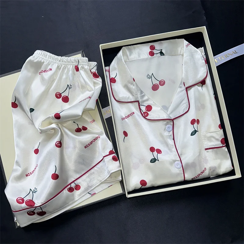 Cherry Print Pajamas Set for Women Summer Satin Two Piece Sleepwear Short Sleeve Shirt and Shorts Casual Fashion Homewear Cherry Print Pajamas Set for Women Summer Satin Two Piece Sleepwear Short Sleeve Shirt and Shorts Casual Fashion Homewear KDBazar