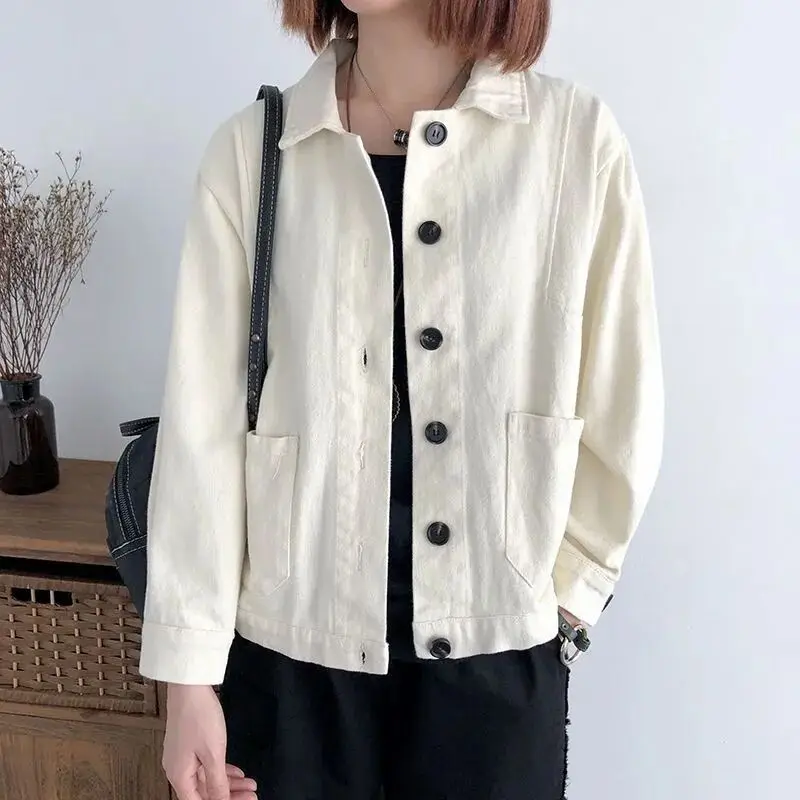 Cotton long-sleeved short jacket 2023 spring and autumn new literary solid color Korean version of loose age reduction cardigan Cotton long-sleeved short jacket 2023 spring and autumn new literary solid color Korean version of loose age reduction cardigan KDBazar