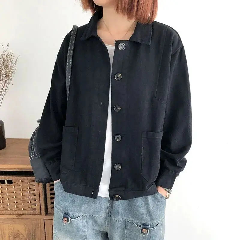 Cotton long-sleeved short jacket 2023 spring and autumn new literary solid color Korean version of loose age reduction cardigan Cotton long-sleeved short jacket 2023 spring and autumn new literary solid color Korean version of loose age reduction cardigan KDBazar