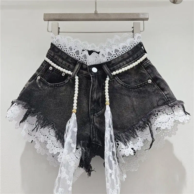 Crochet Lace Denim Shorts – Pearl Sash Fringed Summer Shorts Shorts Crochet Lace Denim Shorts – Pearl Sash Fringed Summer Shorts Shorts KDBazar