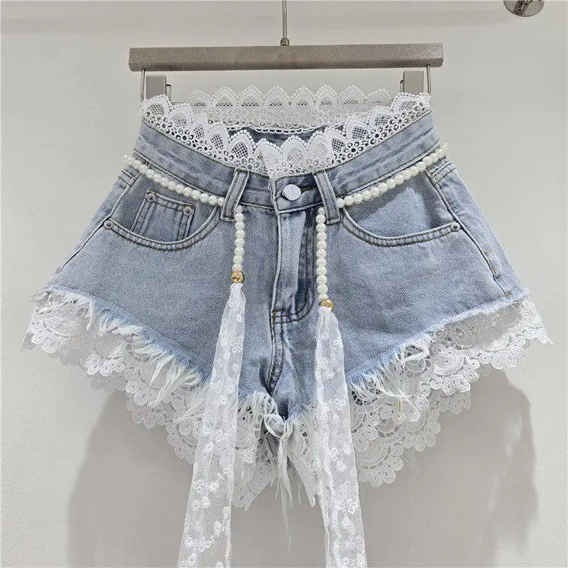 Crochet Lace Denim Shorts – Pearl Sash Fringed Summer Shorts Shorts Crochet Lace Denim Shorts – Pearl Sash Fringed Summer Shorts Shorts KDBazar