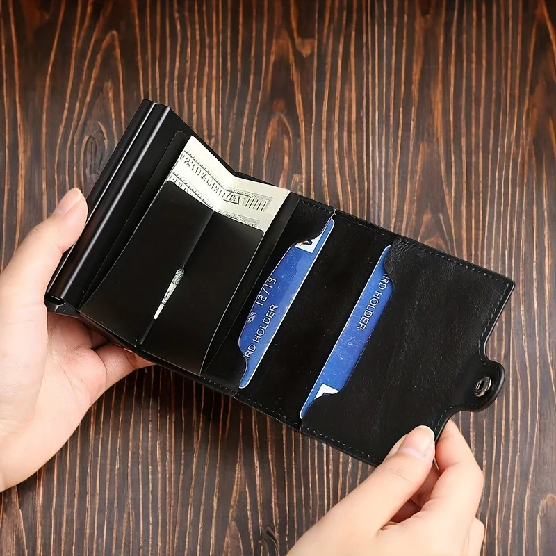 Double-Layer Aluminum Pop-Up RFID Blocking Card Holder Carbon Fiber Pattern PU Wallet Wear Men Accessory Gift for Father’s Day Double-Layer Aluminum Pop-Up RFID Blocking Card Holder Carbon Fiber Pattern PU Wallet Wear Men Accessory Gift for Father's Day KDBazar