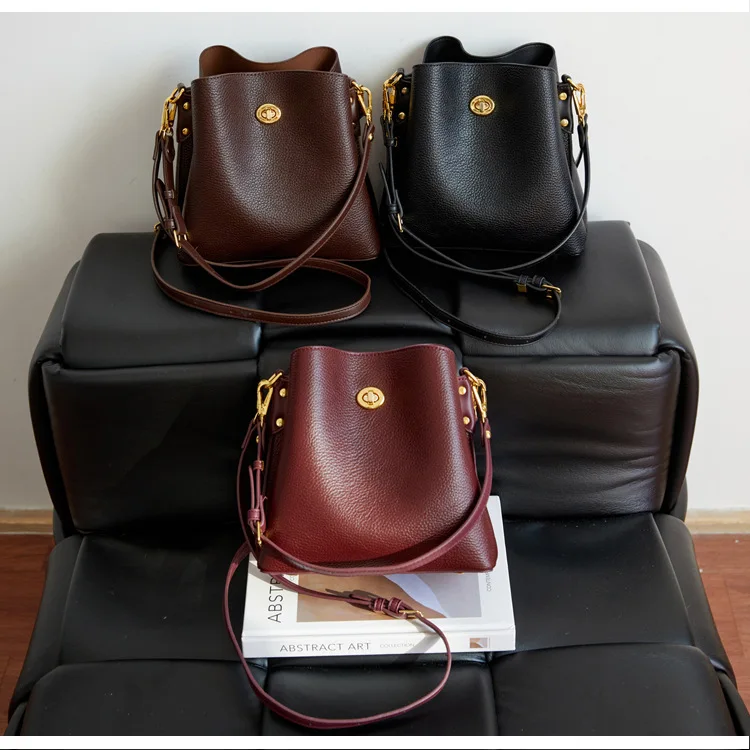 Burgundy bucket bag, front view
