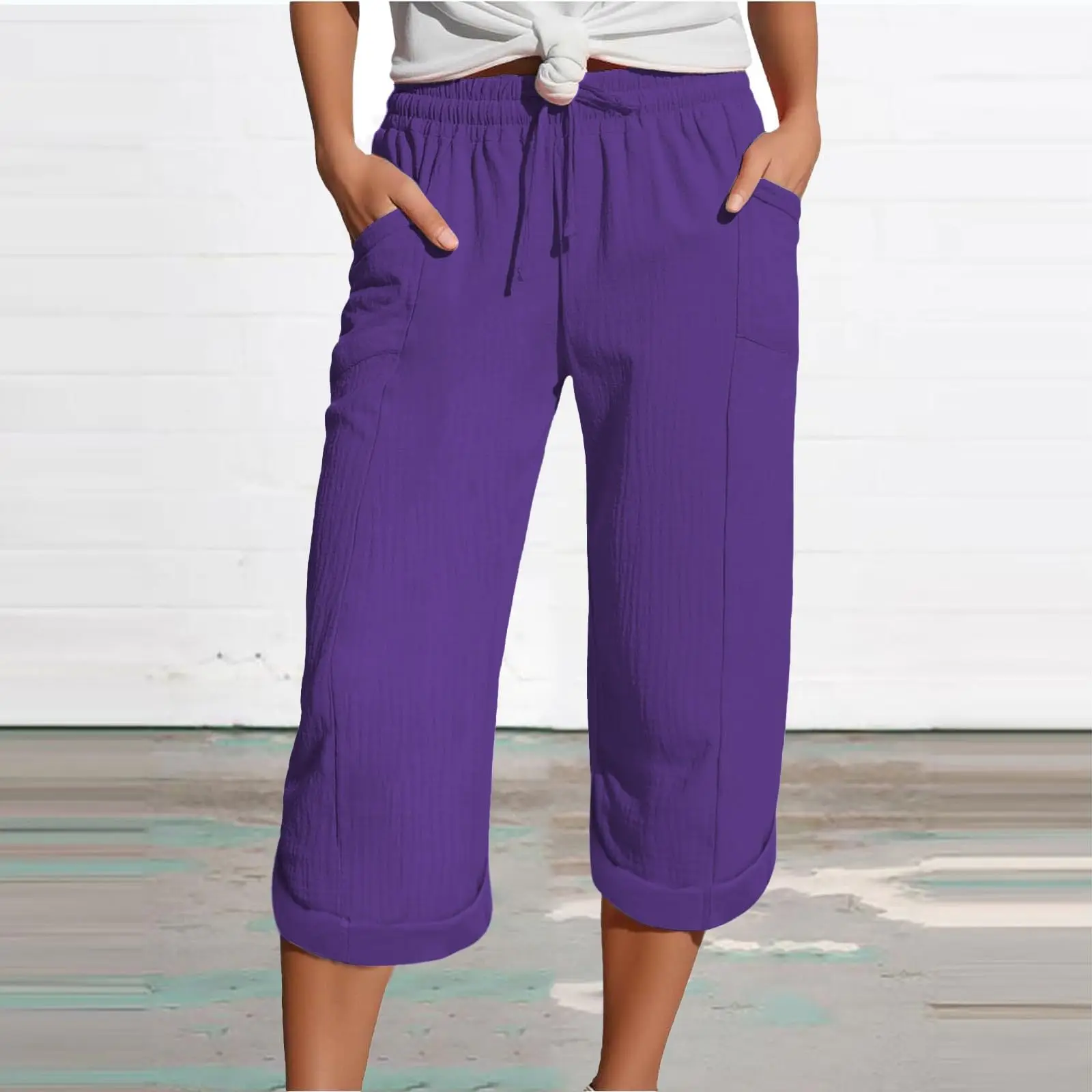 Lightweight Linen Capri Trousers – Elastic Waist with Pockets Pants Capris Lightweight Linen Capri Trousers - Elastic Waist with Pockets Pants Capris KDBazar