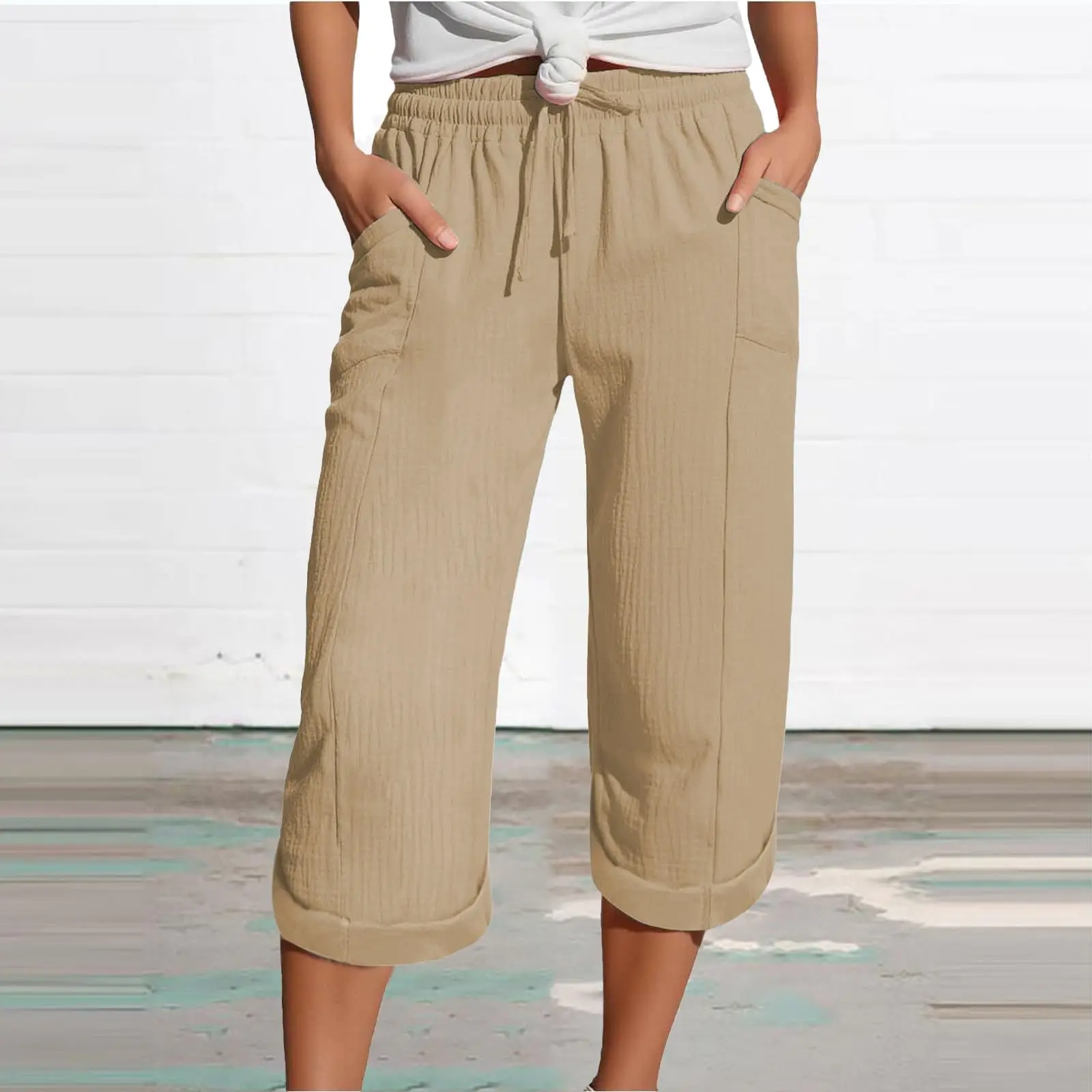Lightweight Linen Capri Trousers – Elastic Waist with Pockets Pants Capris Lightweight Linen Capri Trousers - Elastic Waist with Pockets Pants Capris KDBazar