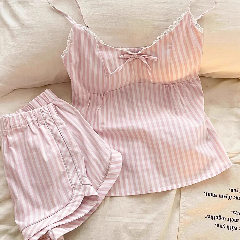 Pink sweet girl striped bow tie pajama set for summer with padded cups and suspenders short pants and top for home wear Home Set Pink sweet girl striped bow tie pajama set for summer with padded cups and suspenders short pants and top for home wear Home Set KDBazar