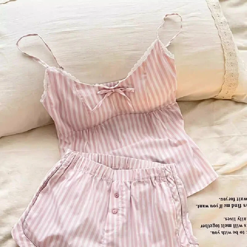 Pink sweet girl striped bow tie pajama set for summer with padded cups and suspenders short pants and top for home wear Home Set Pink sweet girl striped bow tie pajama set for summer with padded cups and suspenders short pants and top for home wear Home Set KDBazar