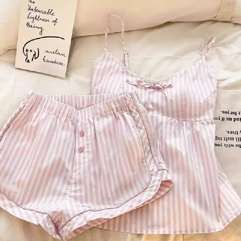 Pink sweet girl striped bow tie pajama set for summer with padded cups and suspenders short pants and top for home wear Home Set Pink sweet girl striped bow tie pajama set for summer with padded cups and suspenders short pants and top for home wear Home Set KDBazar