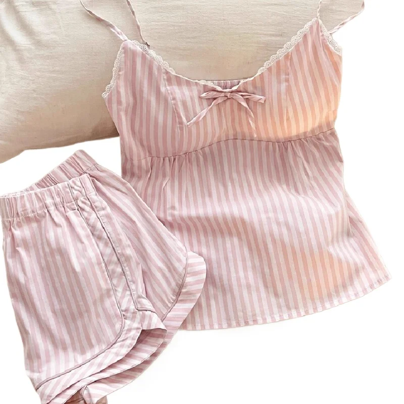 Pink sweet girl striped bow tie pajama set for summer with padded cups and suspenders short pants and top for home wear Home Set Pink sweet girl striped bow tie pajama set for summer with padded cups and suspenders short pants and top for home wear Home Set KDBazar