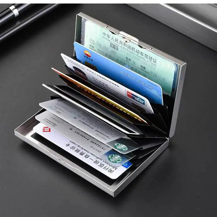 Anti-theft stainless steel card holder open view showing card slots