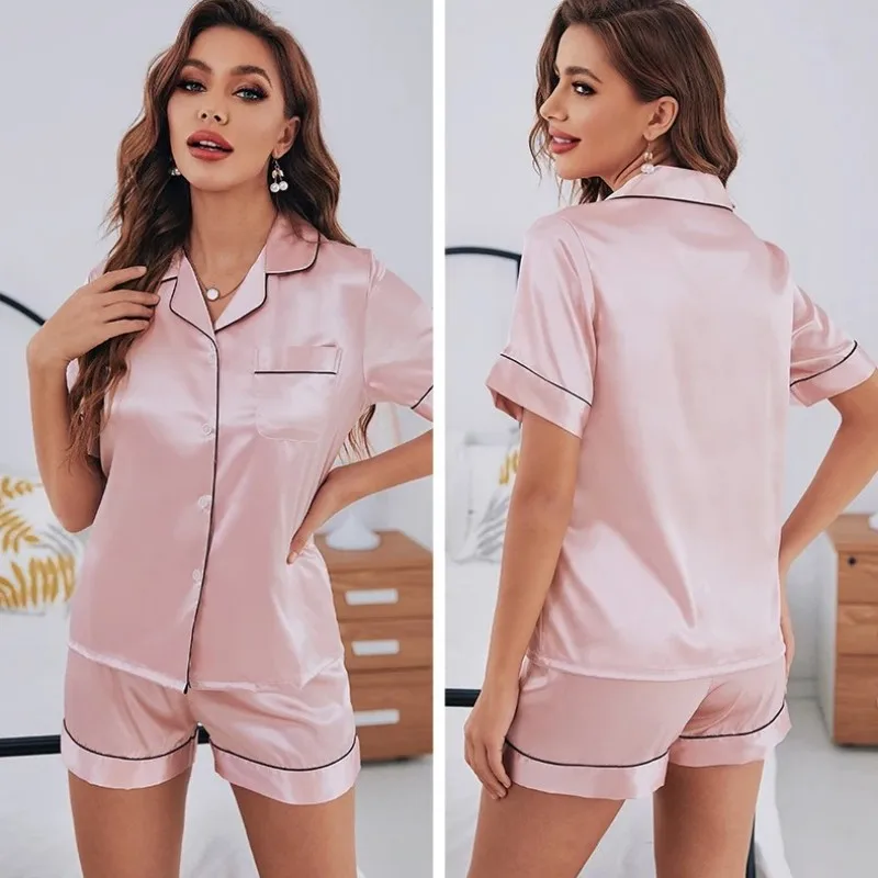 Summer Pijamas Sets Women Sleepwear Silk Satin Button-Down Short Sleeve Tops and Shorts Two-piece Loungewear Summer Pijamas Sets Women Sleepwear Silk Satin Button-Down Short Sleeve Tops and Shorts Two-piece Loungewear KDBazar
