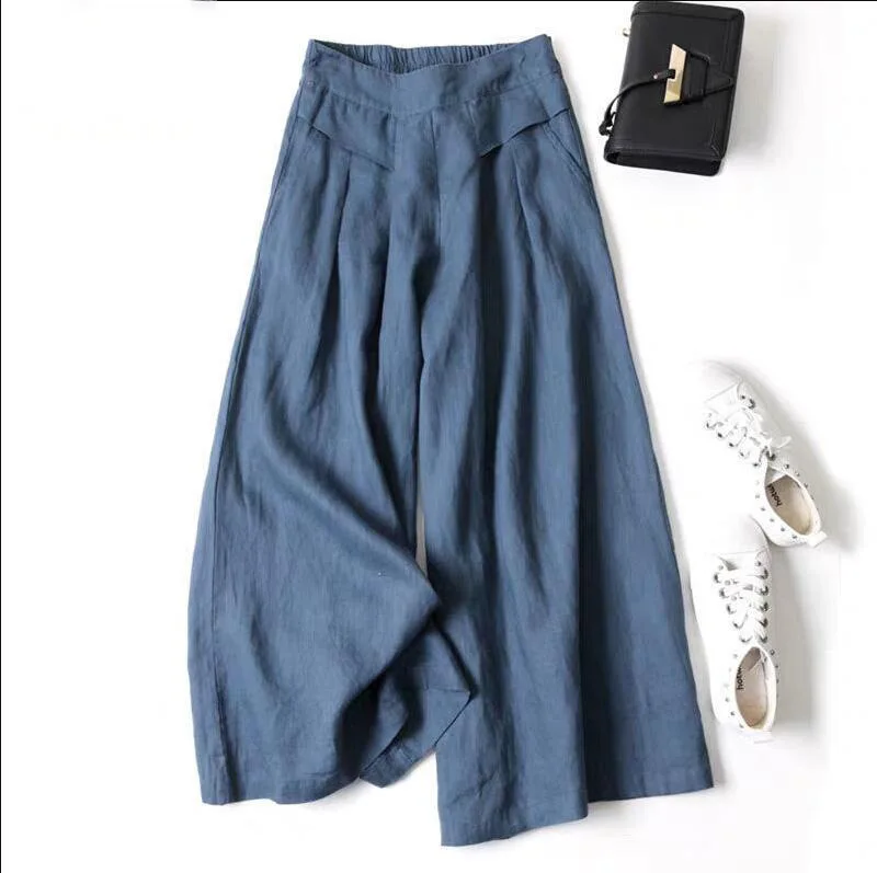 Summer Women’s Culottes Cotton Linen Cropped Wide Leg Pants Elastic Waist Casual Palazzo Trousers with Pockets Summer Women's Culottes Cotton Linen Cropped Wide Leg Pants Elastic Waist Casual Palazzo Trousers with Pockets KDBazar