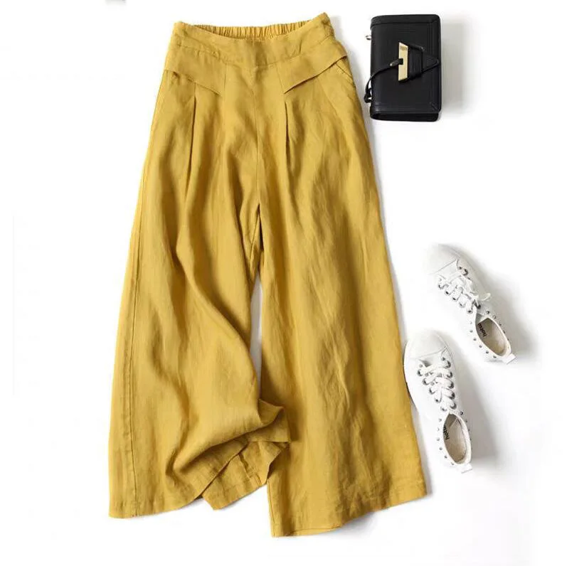 Summer Women’s Culottes Cotton Linen Cropped Wide Leg Pants Elastic Waist Casual Palazzo Trousers with Pockets Summer Women's Culottes Cotton Linen Cropped Wide Leg Pants Elastic Waist Casual Palazzo Trousers with Pockets KDBazar