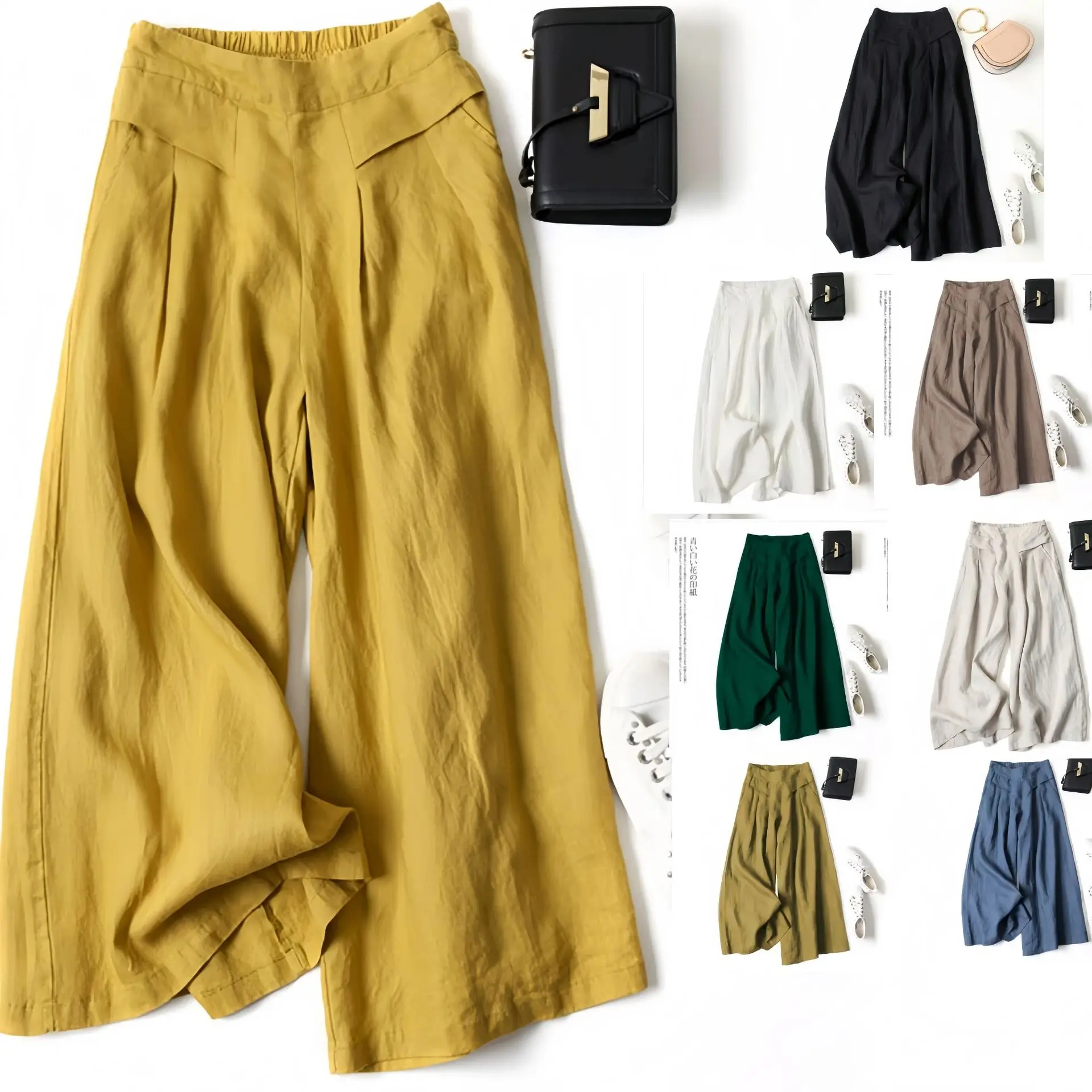 Summer Women’s Culottes Cotton Linen Cropped Wide Leg Pants Elastic Waist Casual Palazzo Trousers with Pockets Summer Women's Culottes Cotton Linen Cropped Wide Leg Pants Elastic Waist Casual Palazzo Trousers with Pockets KDBazar