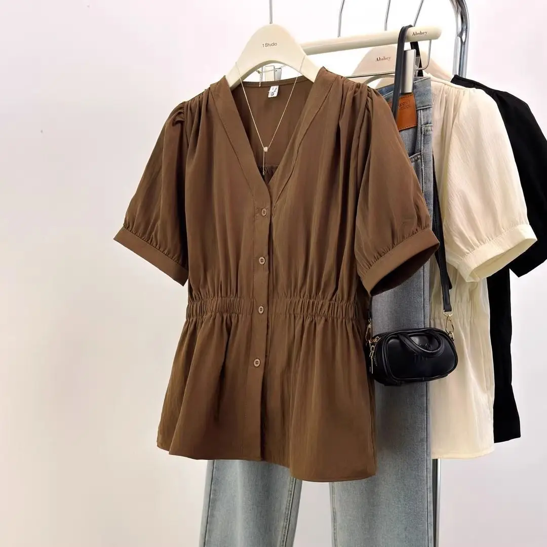 V-Neck Puff Sleeve Blouse – Cinched Waist Office Top Tops & Tees V-Neck Puff Sleeve Blouse – Cinched Waist Office Top Tops & Tees KDBazar