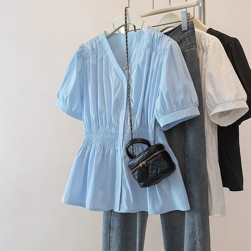 V-Neck Puff Sleeve Blouse – Cinched Waist Office Top Tops & Tees V-Neck Puff Sleeve Blouse – Cinched Waist Office Top Tops & Tees KDBazar