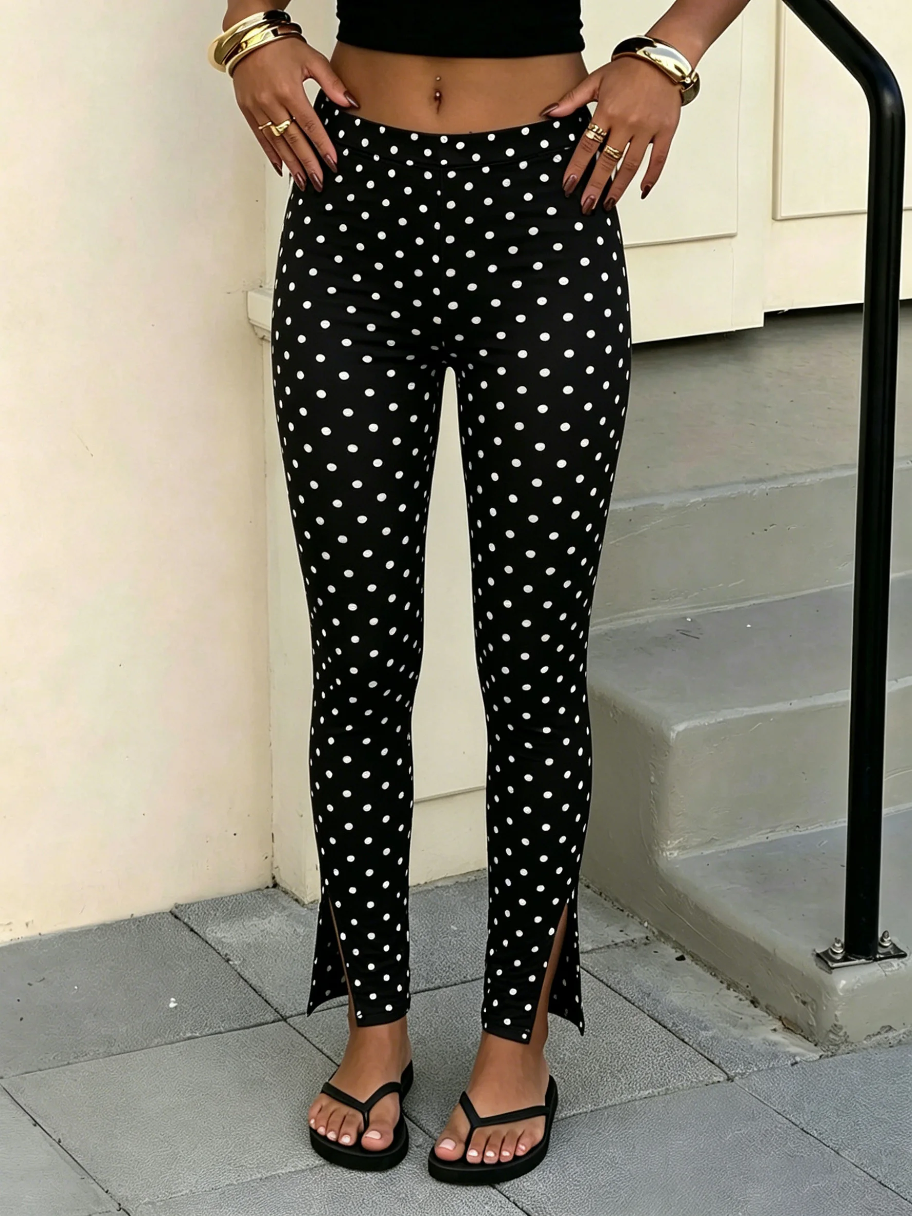 Polka Dot Split Hem Leggings styled