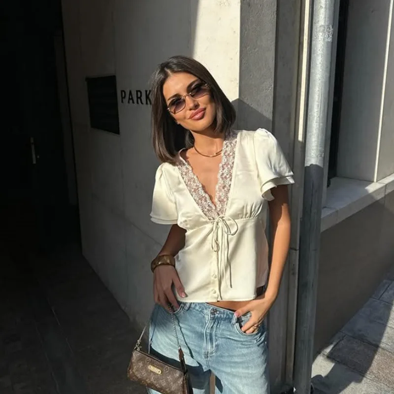 Women Solid Lace Tops V-Neck Short Sleeves Satin Slim Regular Streetwear Tees Female Summer Pure Desire Hot Girl T Shirts 2026 Women Solid Lace Tops V-Neck Short Sleeves Satin Slim Regular Streetwear Tees Female Summer Pure Desire Hot Girl T Shirts 2026 KDBazar
